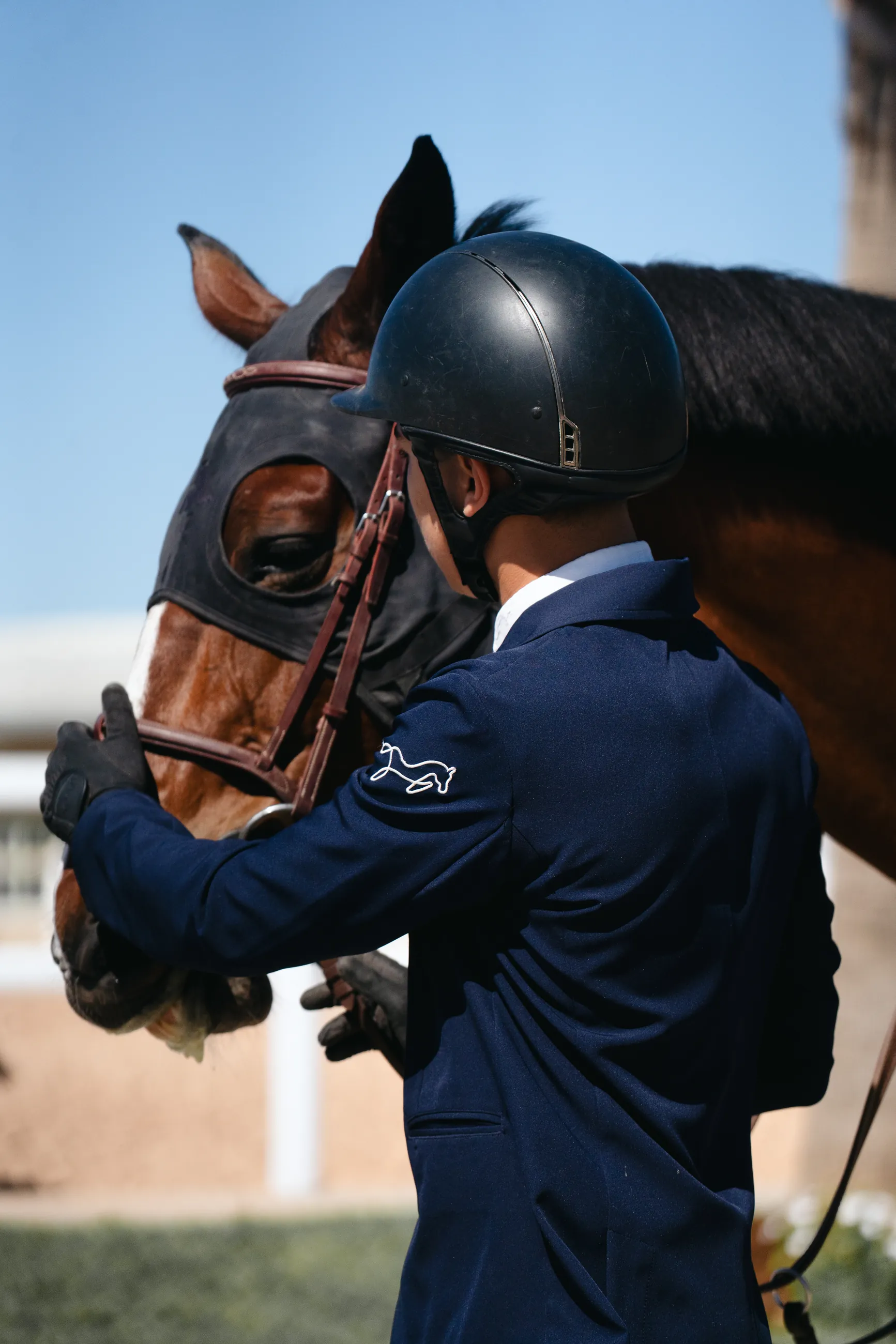 Cavalier face a son cheval bai, complicite